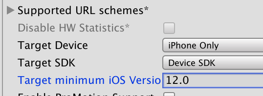 Target DeviceとiOSの設定。下の方にあるので注意が必要。